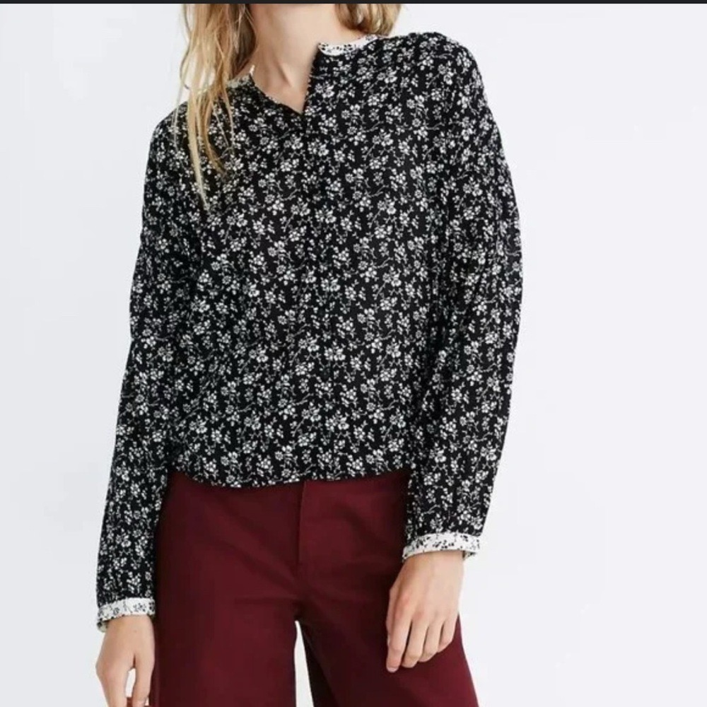 Madewell Floral Blouse Large Black White Large Top Feminine Romantic Parisian